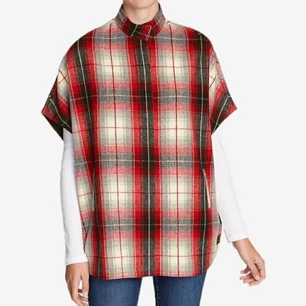 Eddie Bauer Red Plaid Wool Blend Sonoma Cape Poncho Vest - S/M, NWOTs